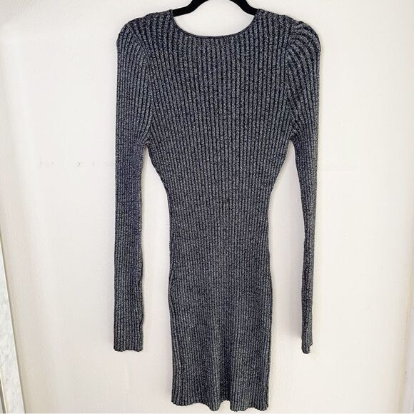 Urban Outfitters Ribbed Sweater Dress Knit Minidress Metallic Silver L stretch - Picture 6 of 9